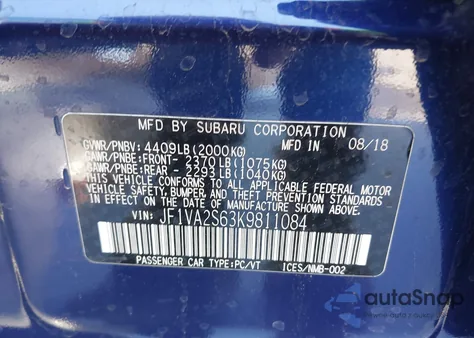 2019 Subaru Wrx Sti z USA, uszkodzony, nr VIN JF1VA2S63K9811084
